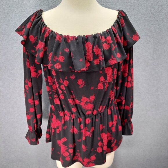 Womens Off-Shoulder Black & Red Floral Peplum Blouse - Picture 1 of 12